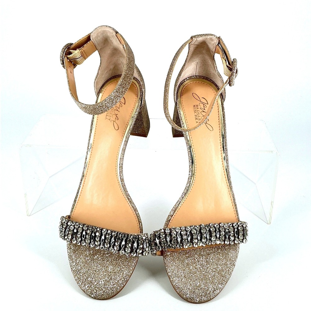 Jewel Badgley Mischka Size 8.5 Champagne Gold Glitter Crystal Heels Sandal James - Picture 6 of 12